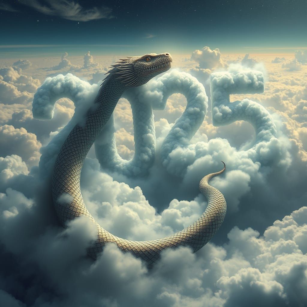 Mystical Serpent Weaves Through Celestial Clouds in Traditio...