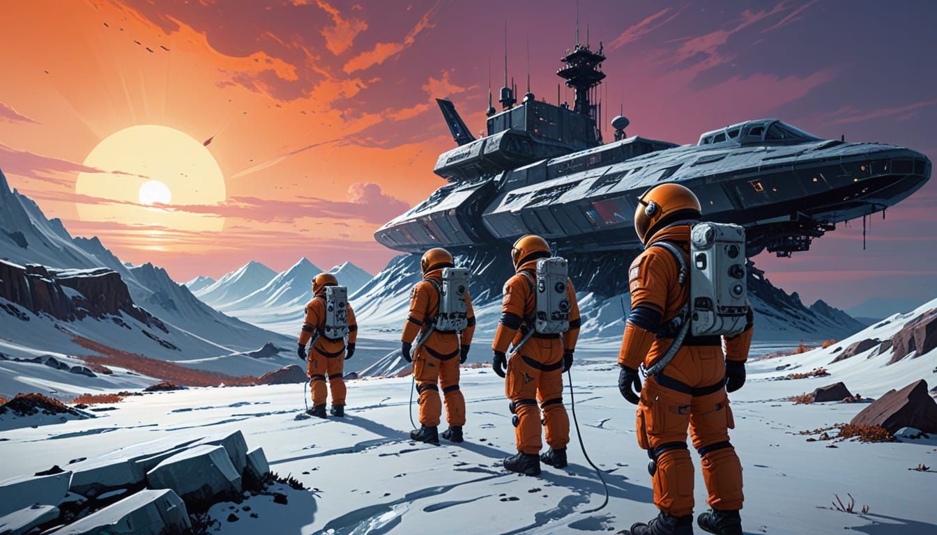 Astronauts on Icy Alien World in Autumn Sunset