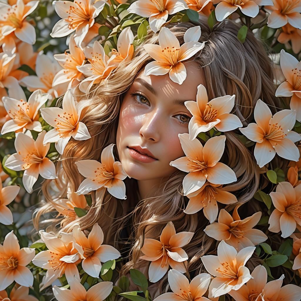Sunlit Hair Adorned with Delicate Orange Blossoms
