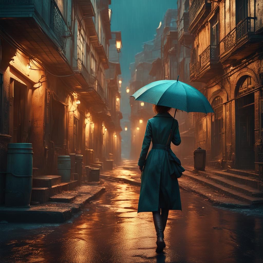 Girl in Turquoise Street with Umbrella, Digital Painting