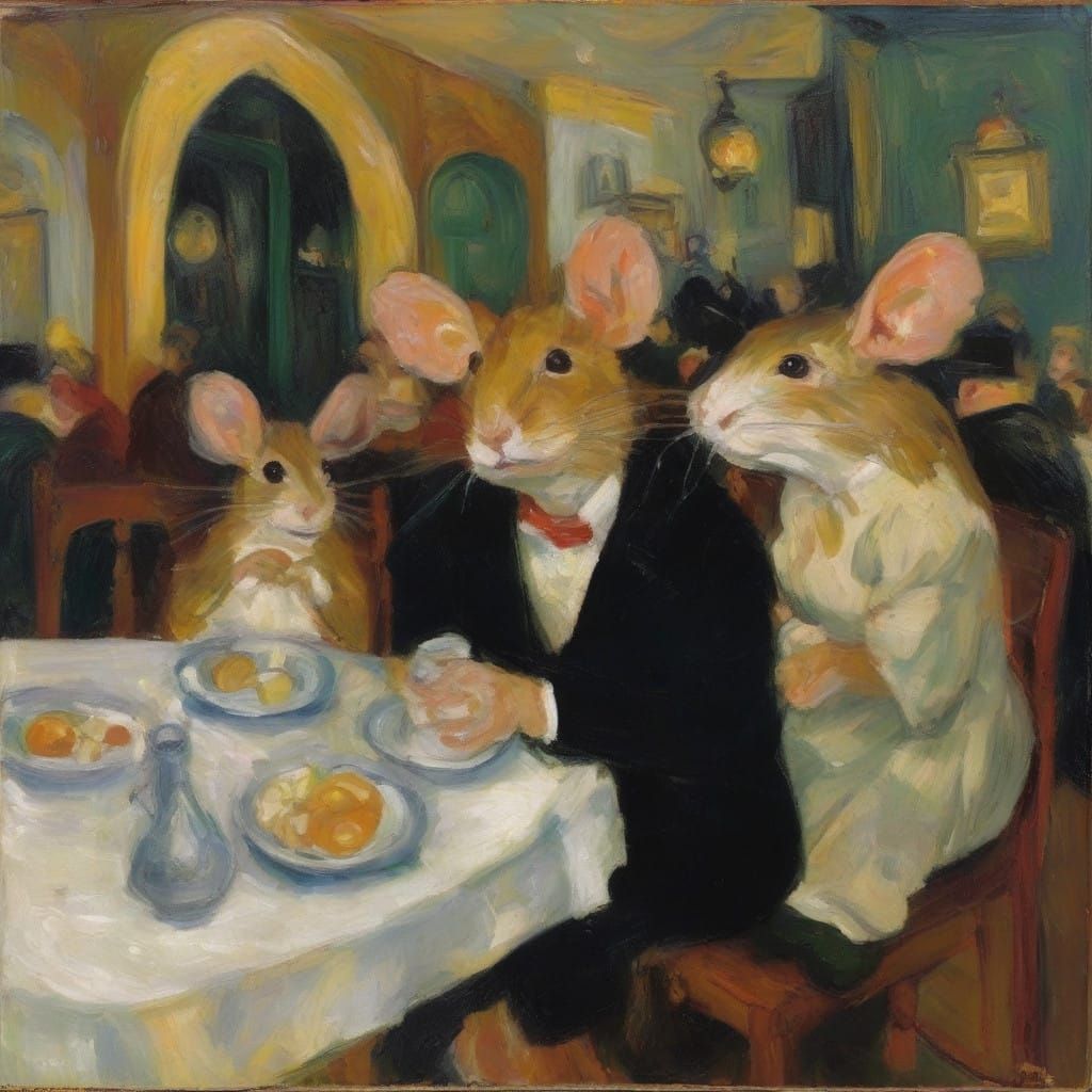Surreal Night Cafe Scene with Whimsical Church Mice Celebrat...