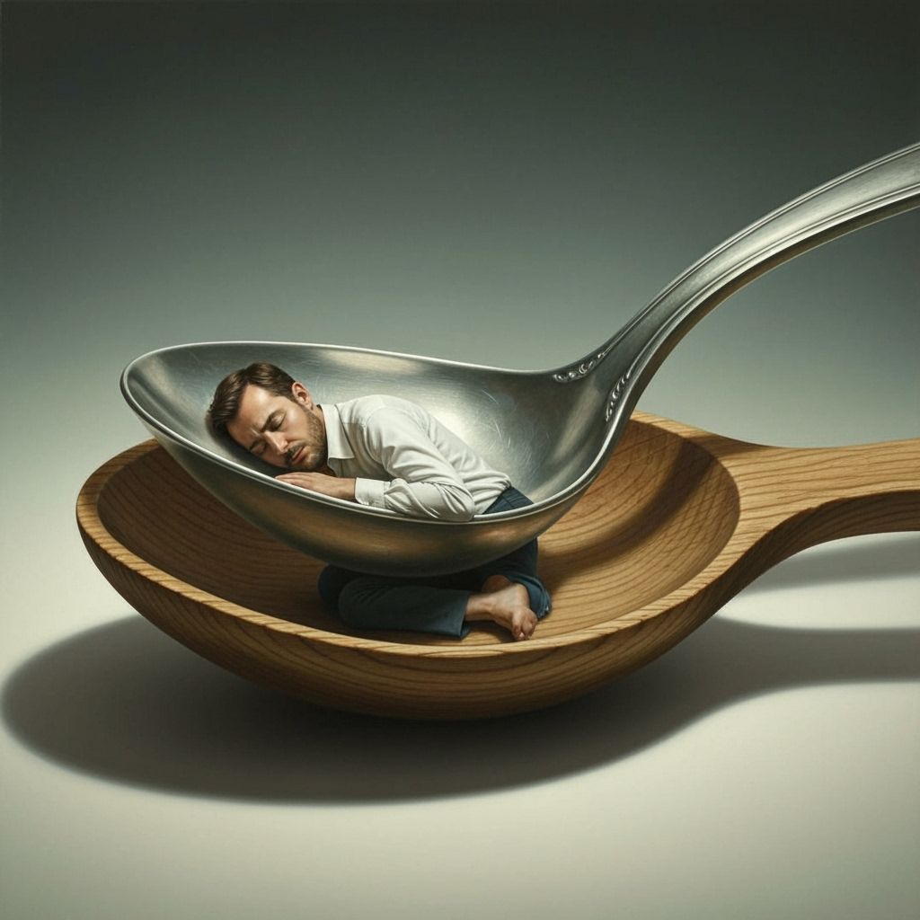 Man Asleep in Oversized Spoon, Surreal Oil Painting