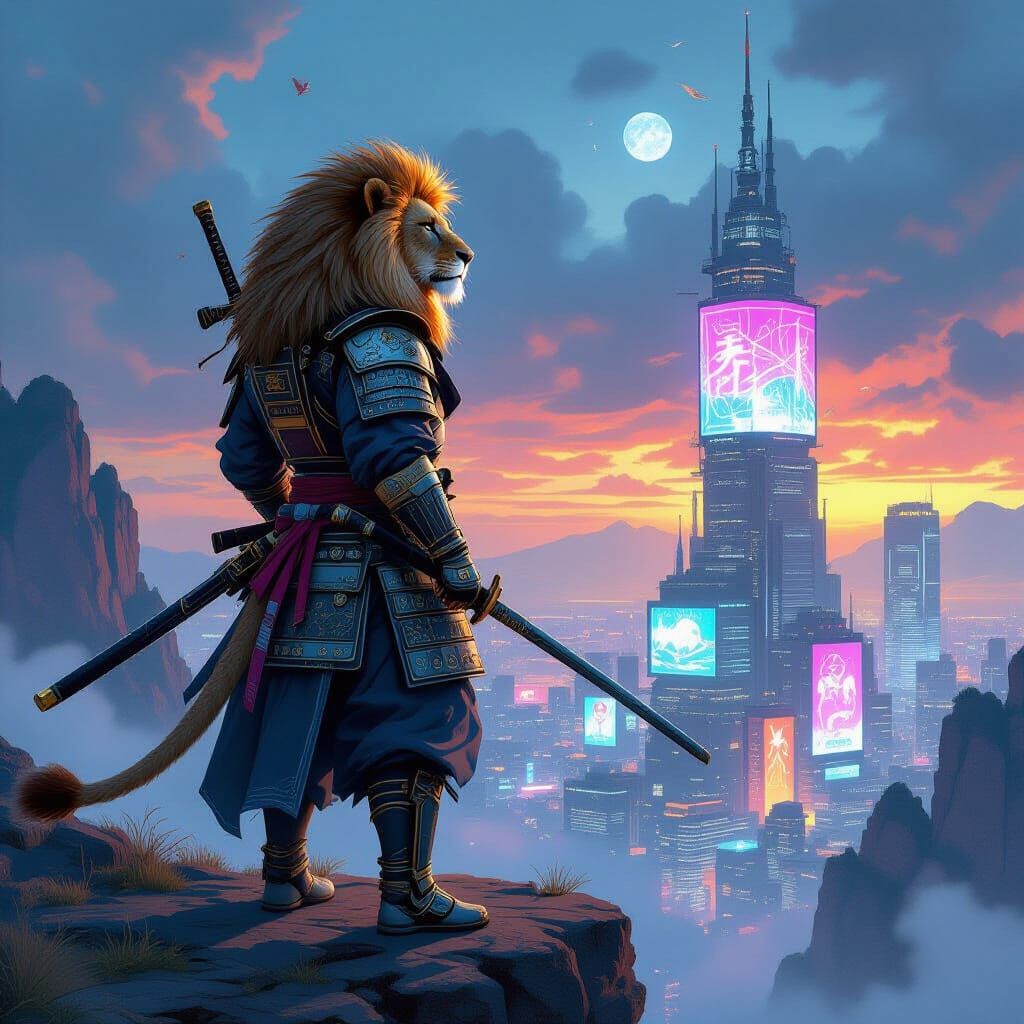 Cyberpunk Lion Samurai on Windswept Cliff