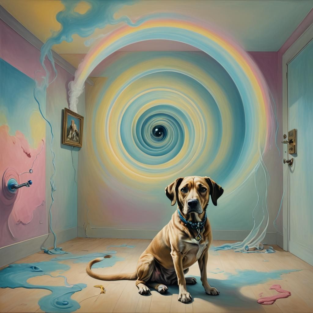 Dog with Neon Eyes in Steamy Room: Surreal Art