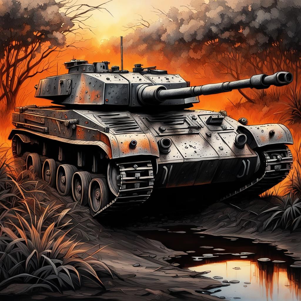 Abandoned Tank Charcoal Drawing at Sunset