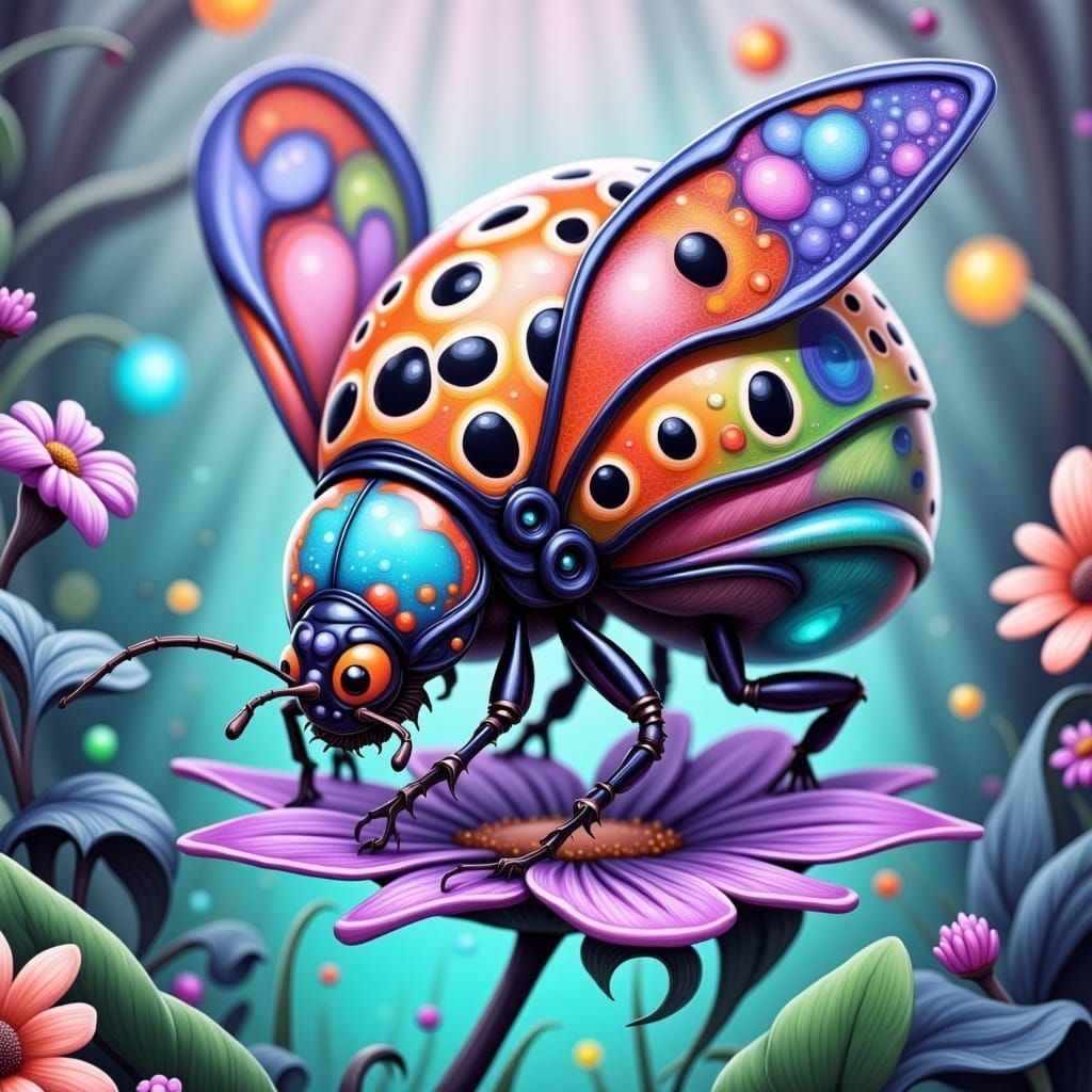 Ladybug Alien in Vibrant Floral Scene