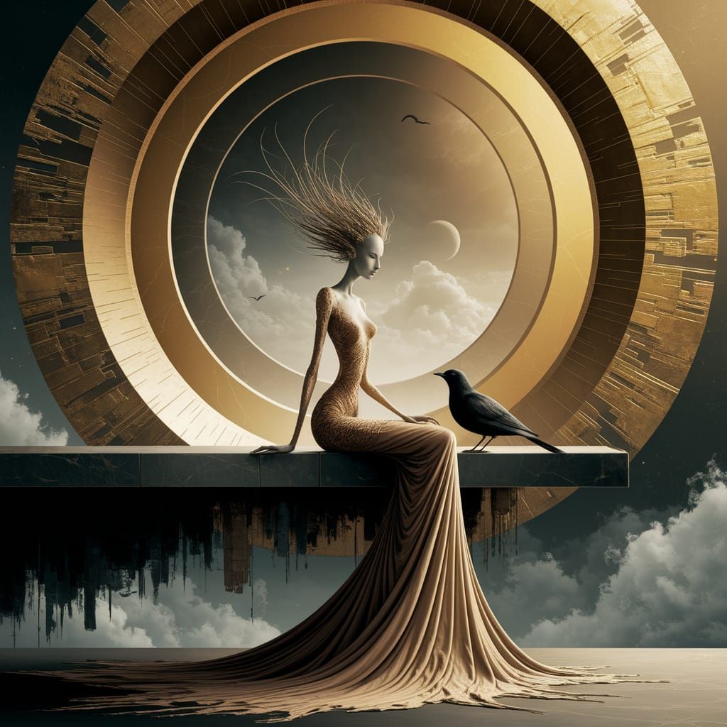 Dreamlike Figure with Bird in Surreal Style