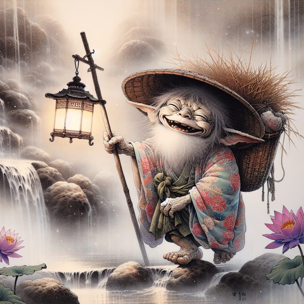Delighted Gremlin in Ukiyo-e Dreamscape with Lantern