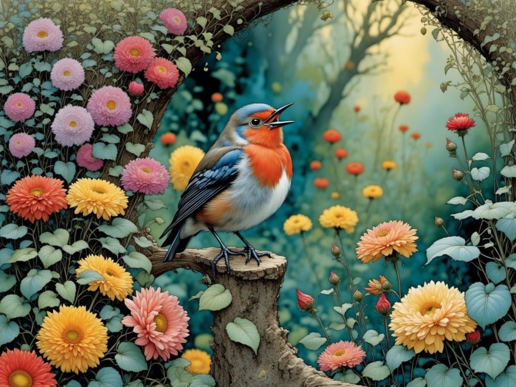 Surreal Cottage Garden Scene in Hyperrealistic Style