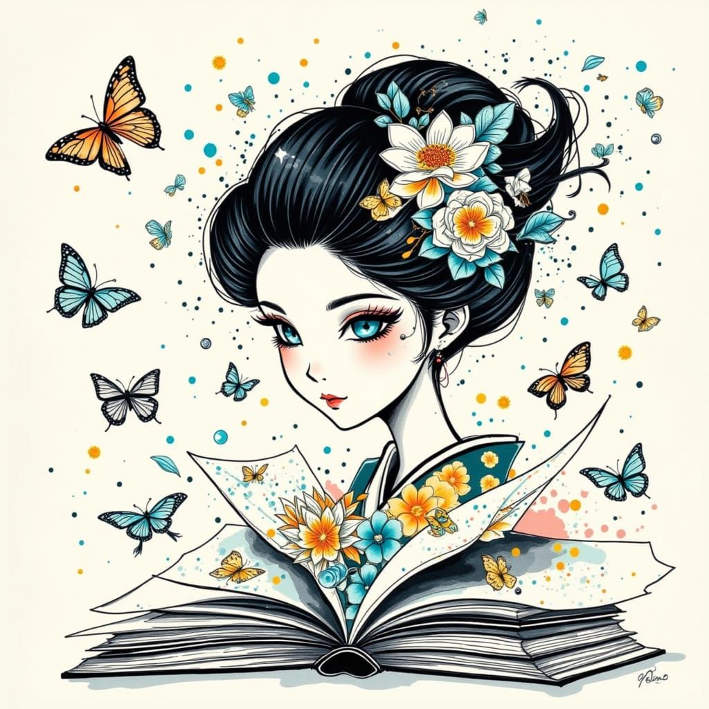 Magical Scene Leaps from Open Book in Doodle Sketch Style