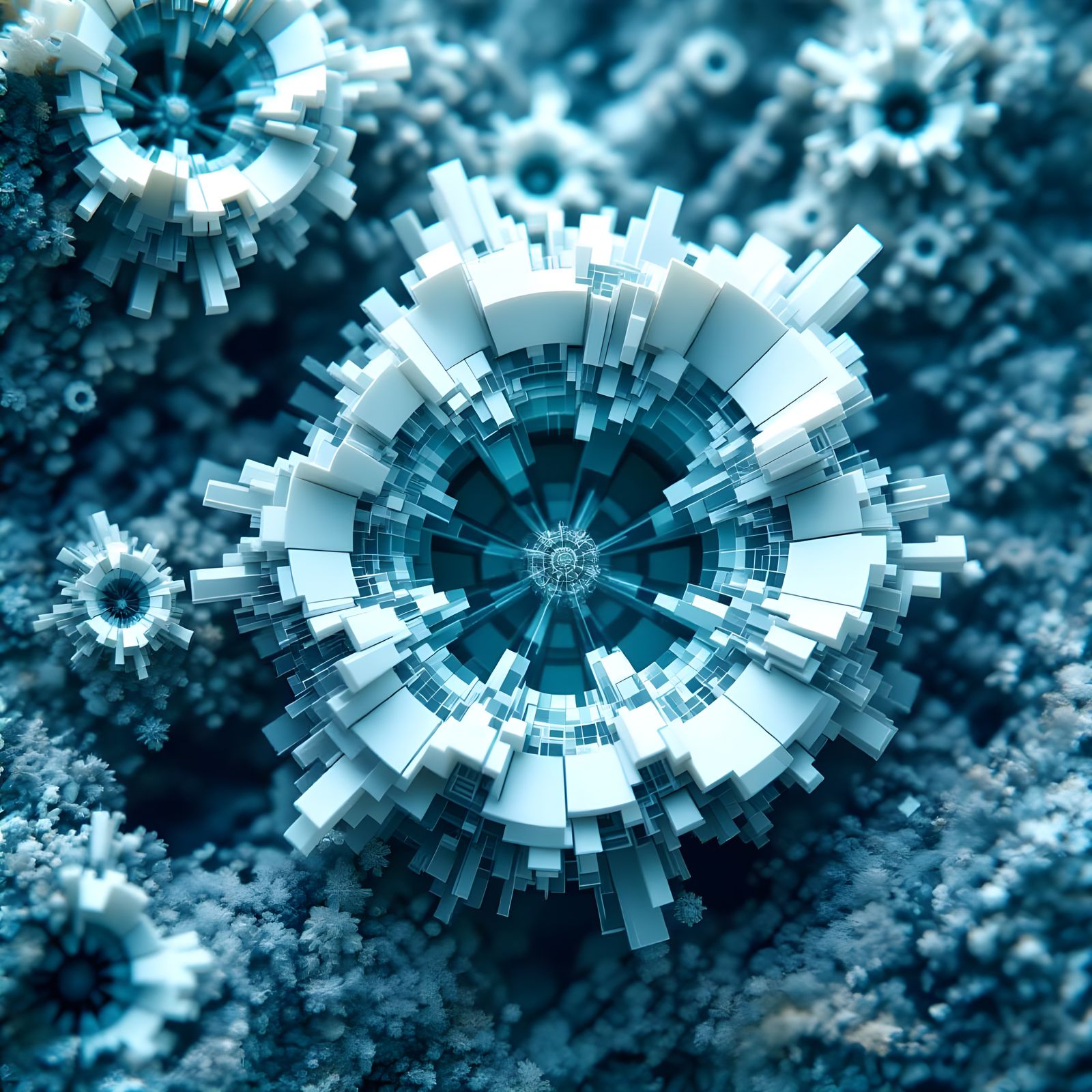 Ultra-detailed macro-scale visual composition of microscopic entity-like structures formed from segmented modular shapes...