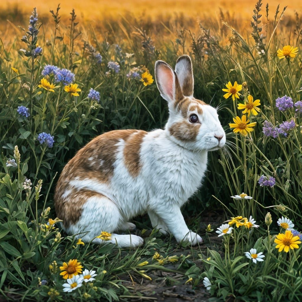 Whimsical Oil Painting of a Curious Rabbit in a Wildflower F...