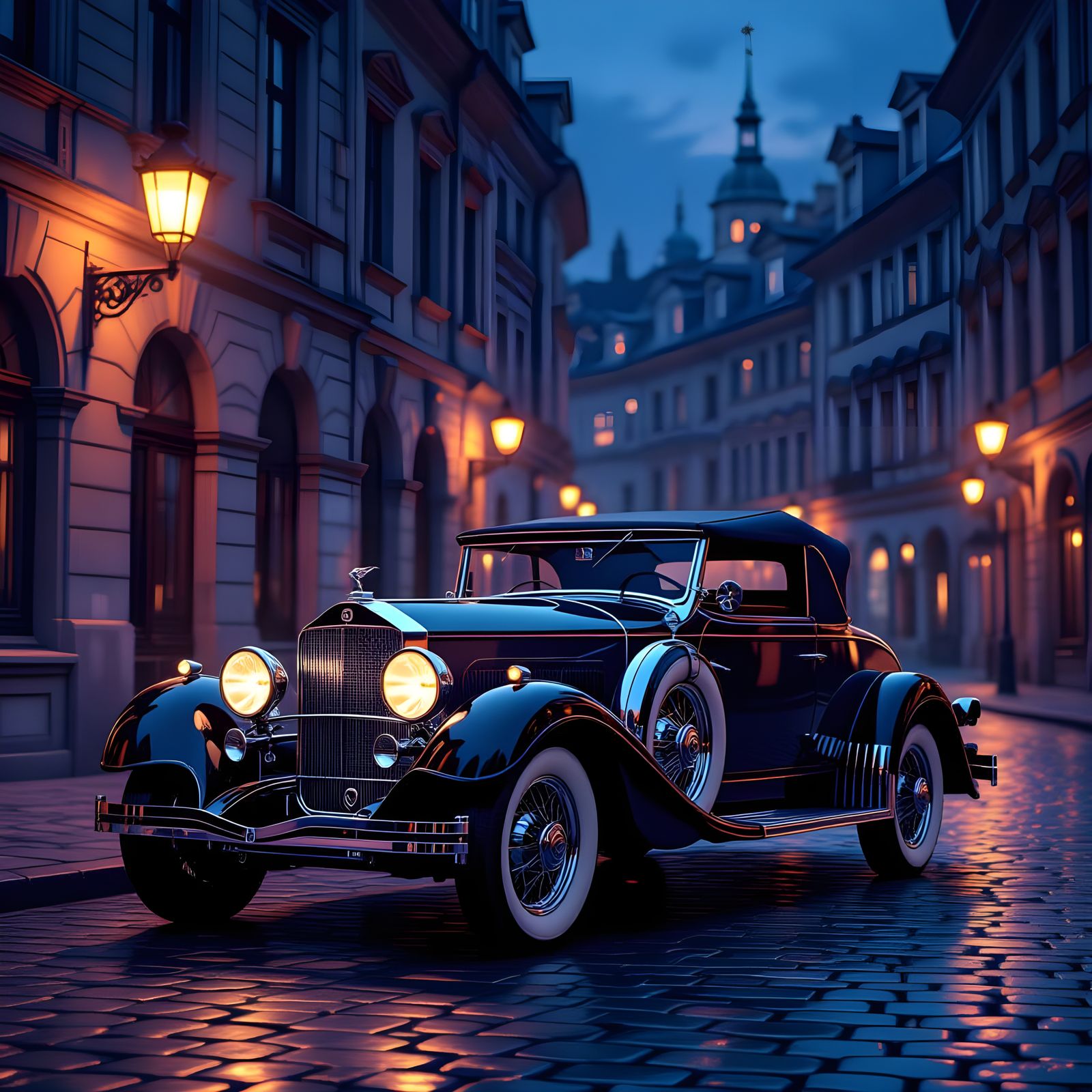 Antique Car in Twilight European City Square
