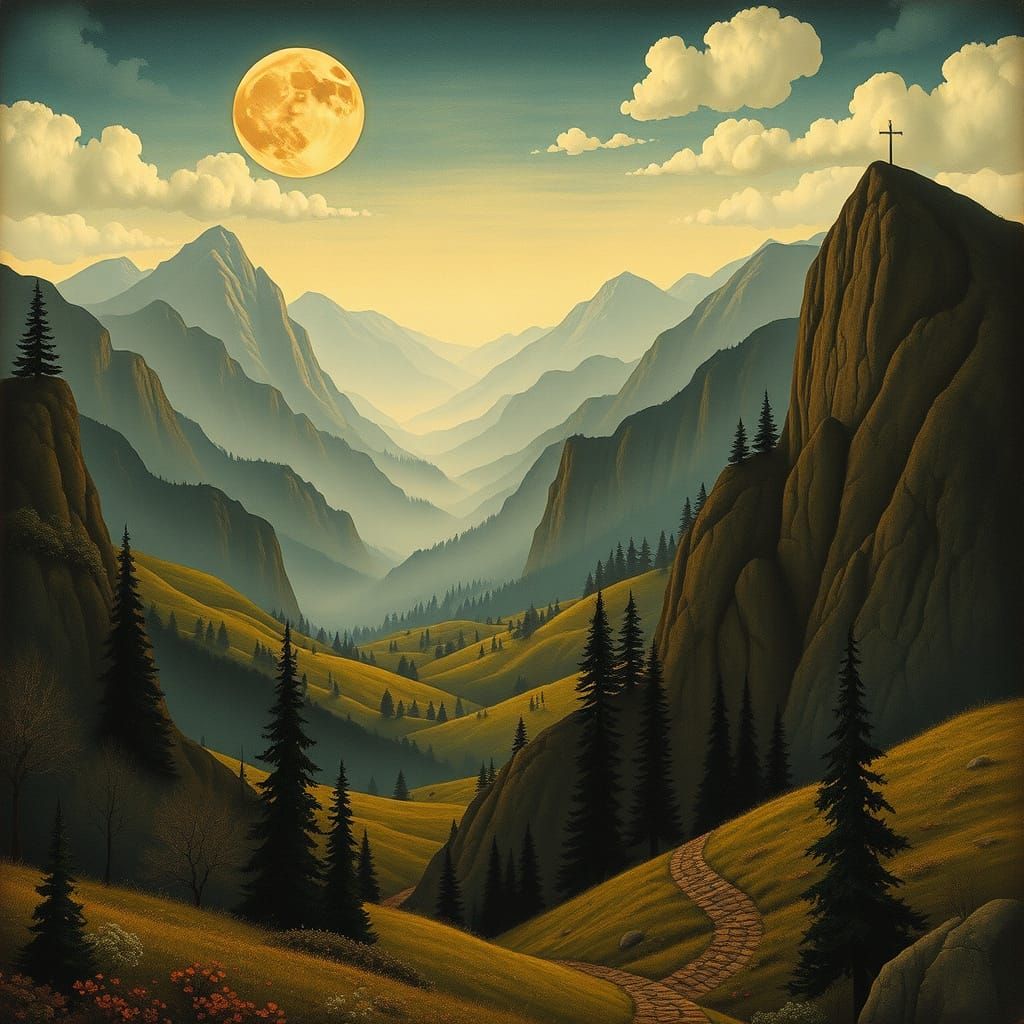 Ethereal Medieval Landscape in Arts and Crafts Style