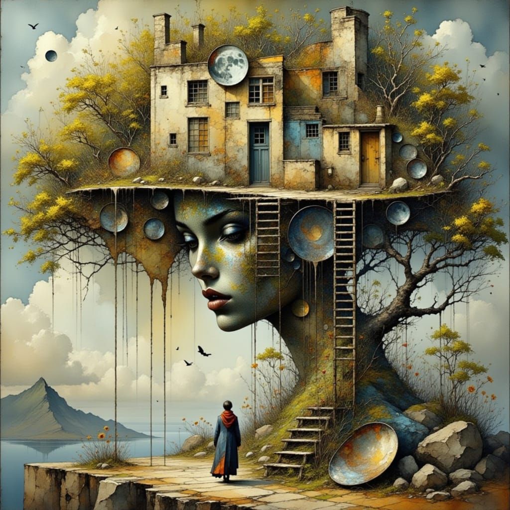 Cosmic Cottage: A Metaphysical Painting of Dreams