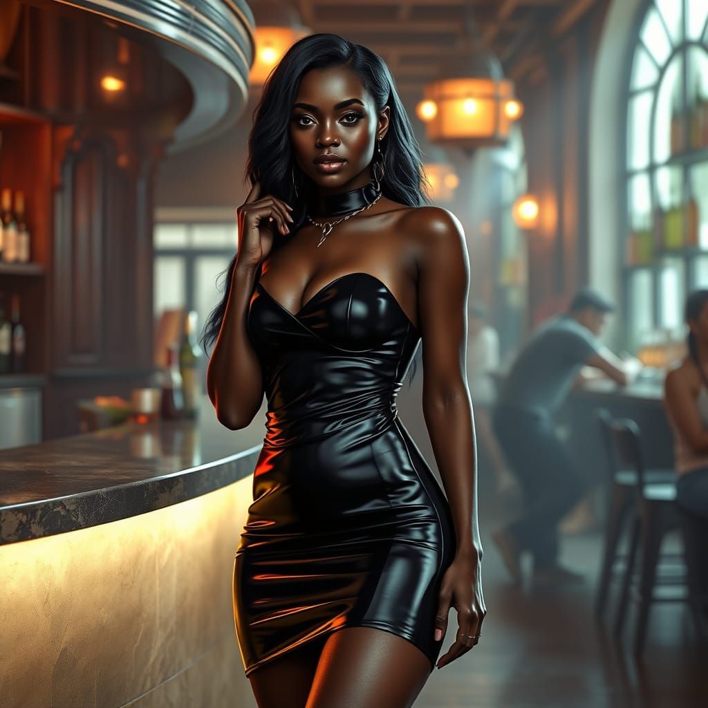 Glamorous Black Siren in Latex Attire, Fantasy Concept Art