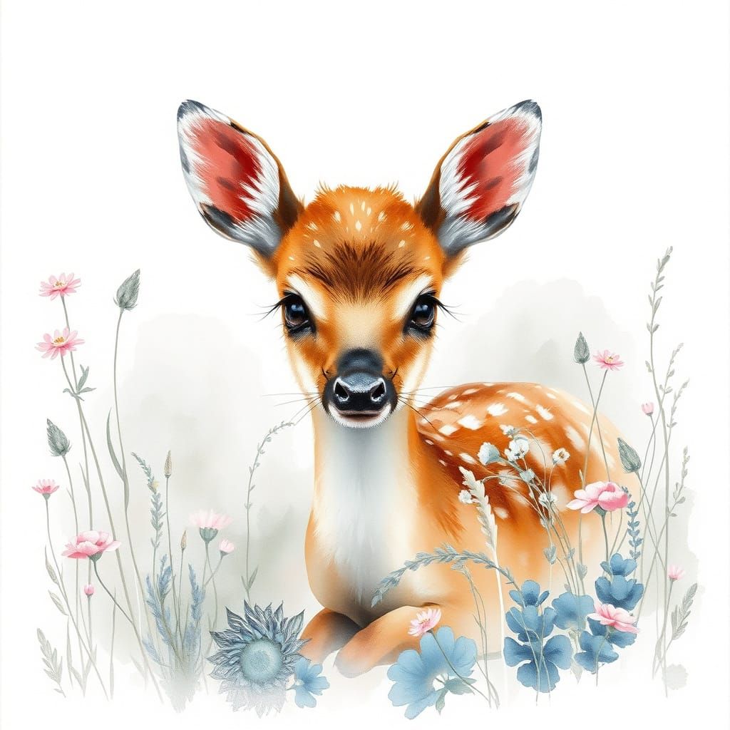 Whimsical Watercolor Fawn in a Dreamy Meadow