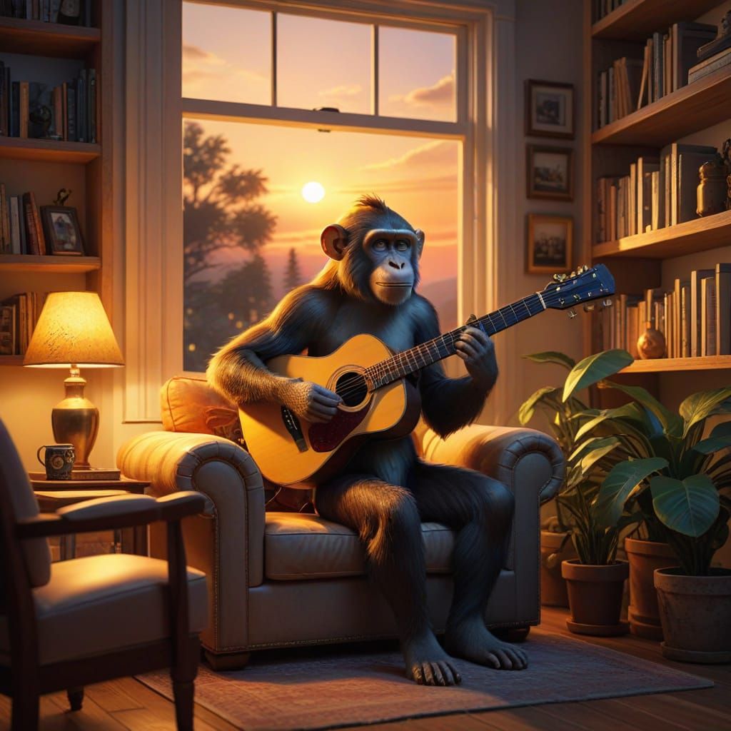 Monkey Musician Playing Guitar in Cozy Living Room