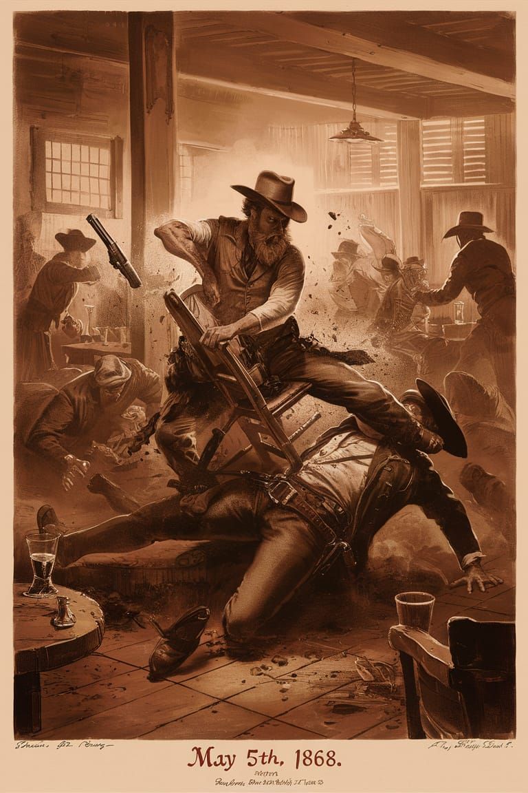 Old West Saloon Brawl in Sepia Lithograph