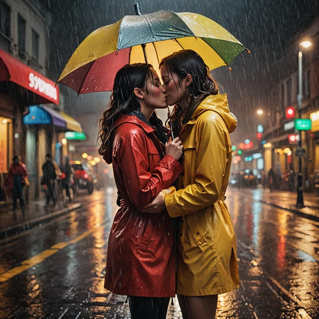 Girls Kissing in Rain: Hyperrealistic Digital Art