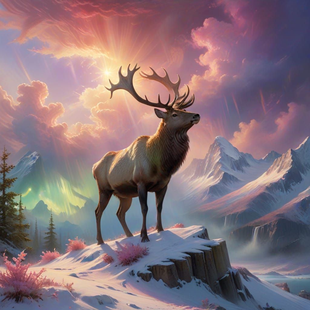 Majestic Elk Surrounded by Northern Lights in Soft Focus