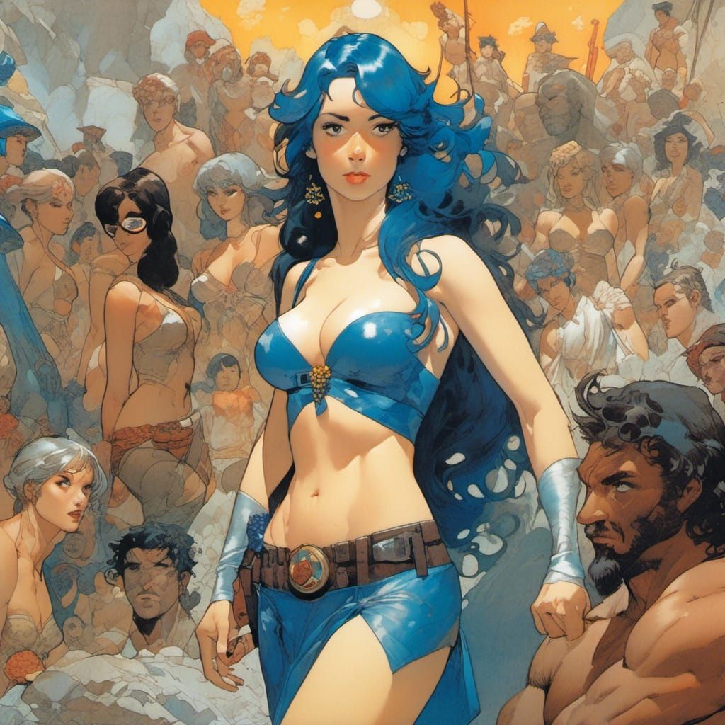 Blue-Haired Woman with Voluptuous Form