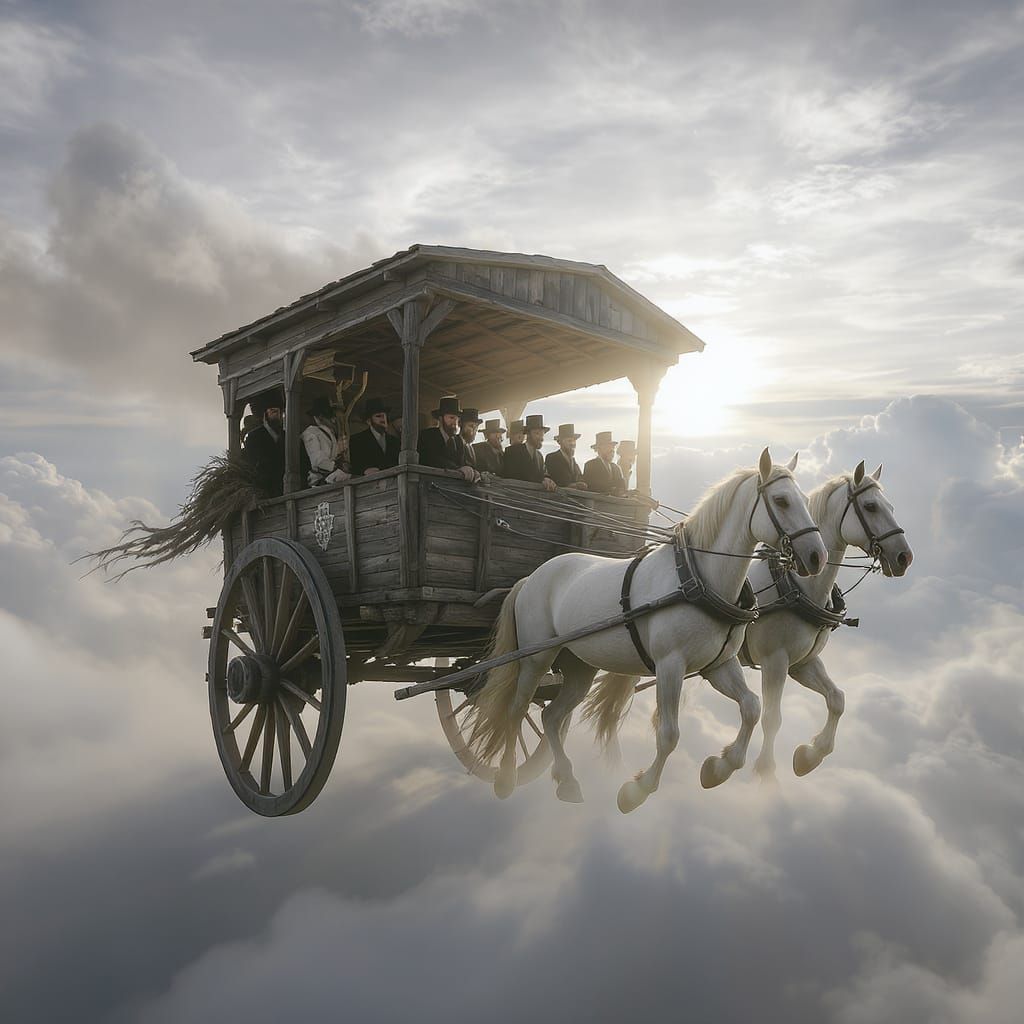 Hasidic Jews in Floating Cart Pulled by Horses Through Sky