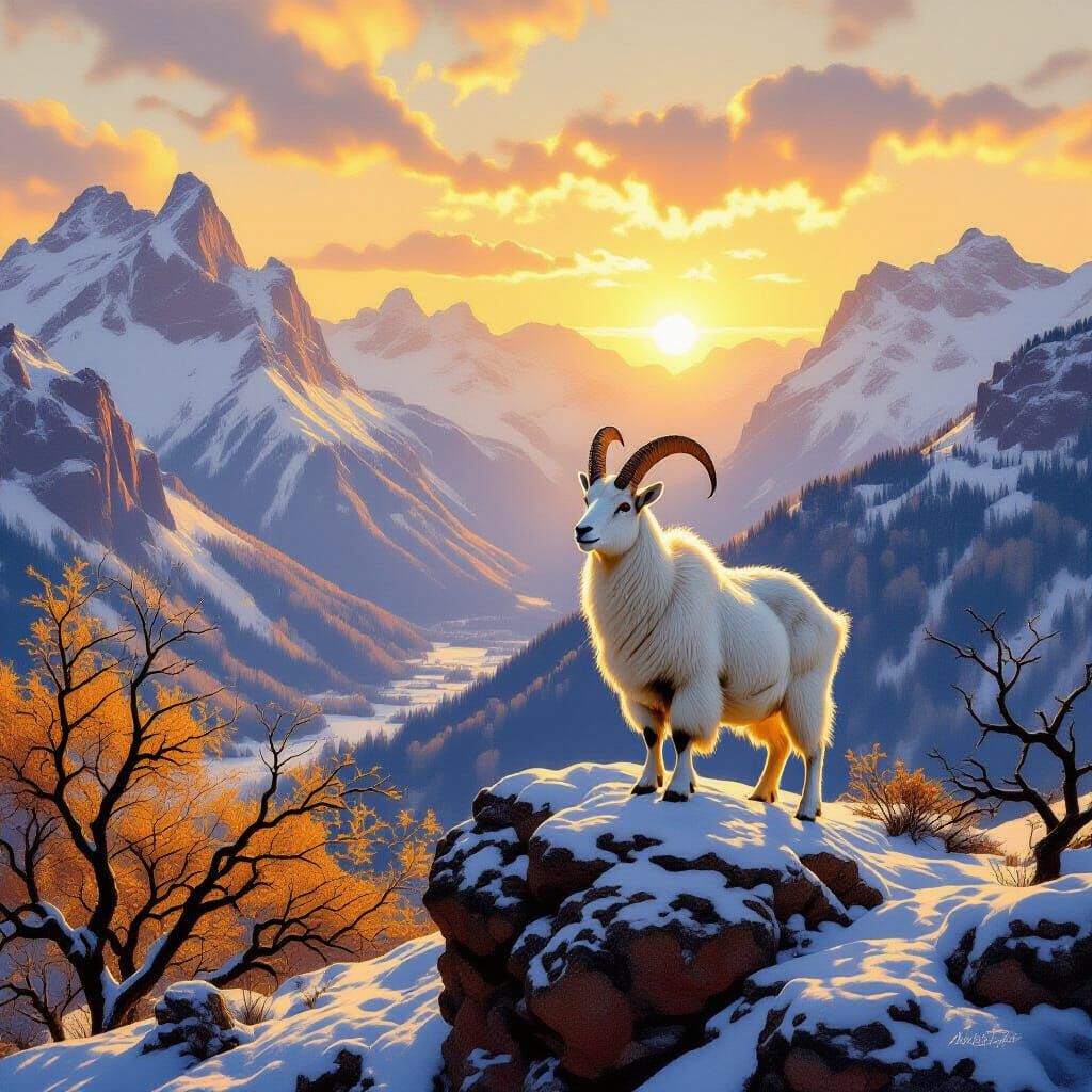 Majestic Mountain Goat Overlooking Valley in Golden Light