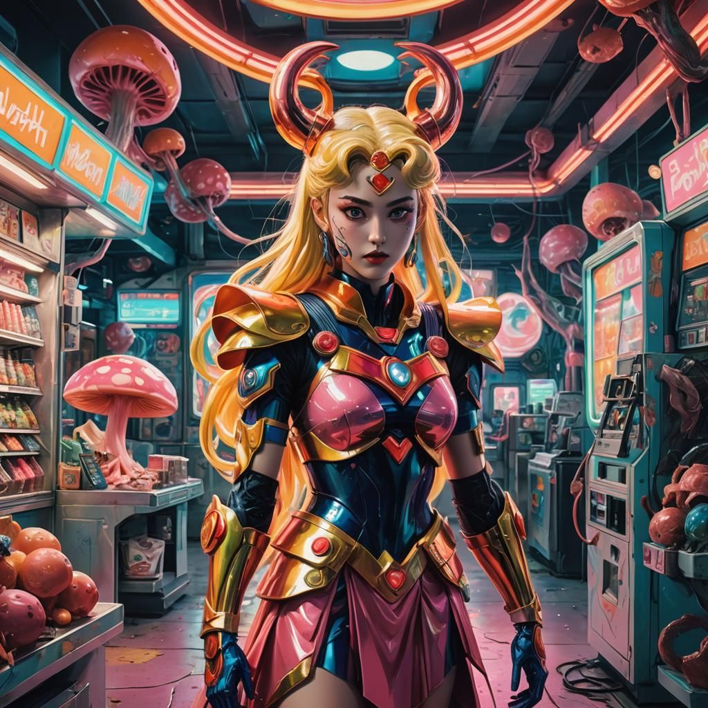 Sailor Moon Warrior at Alien Gas Station in Surreal Style
