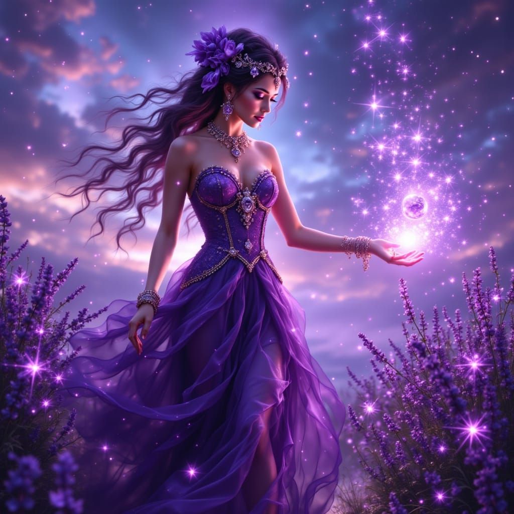 Enchantress Casting Spell in Violet Field