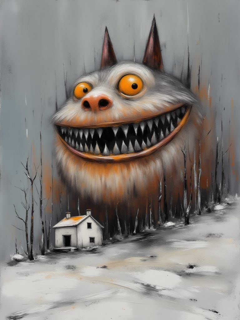Laughing Sentinel: Whitewashed House with Smiling Creature