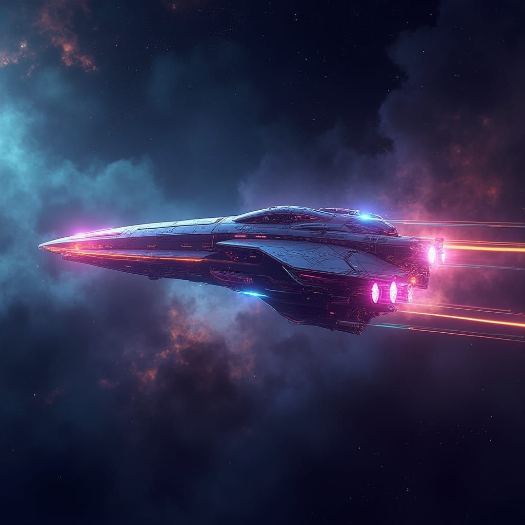 Neon Spaceship Sails Through Swirling Nebulae