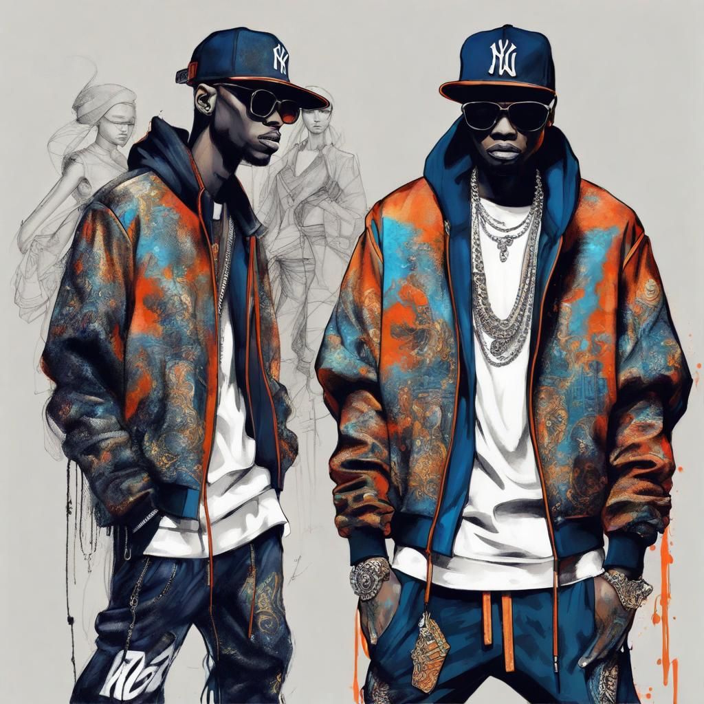 an AI-generated fashion sketch inspired by hip-hop culture. Imagine an original hip-hop clothing line that combines stre...