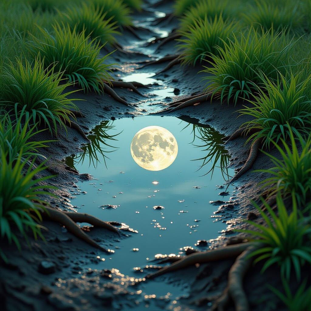 Moonlit Tire Track Impression in Impressionist Style