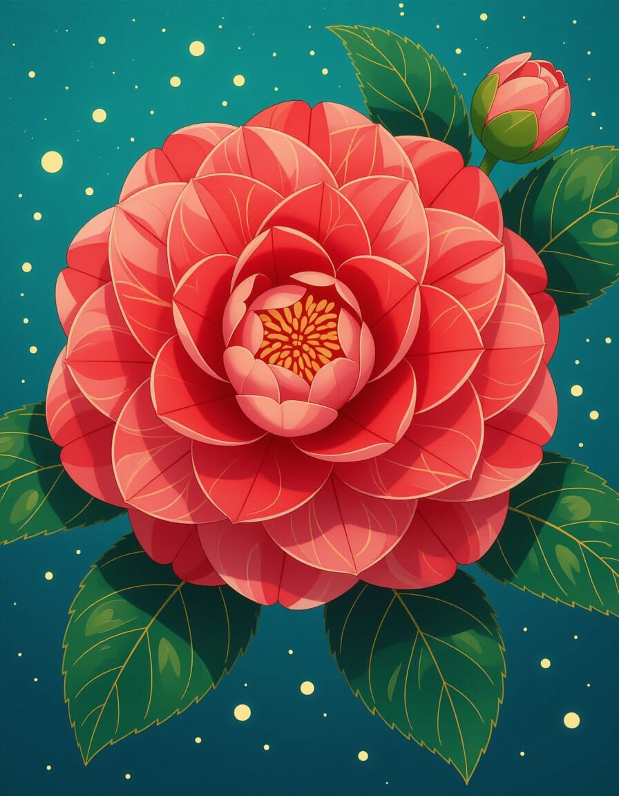 Crimson Camellia in Anime Style with Geometric Patterns