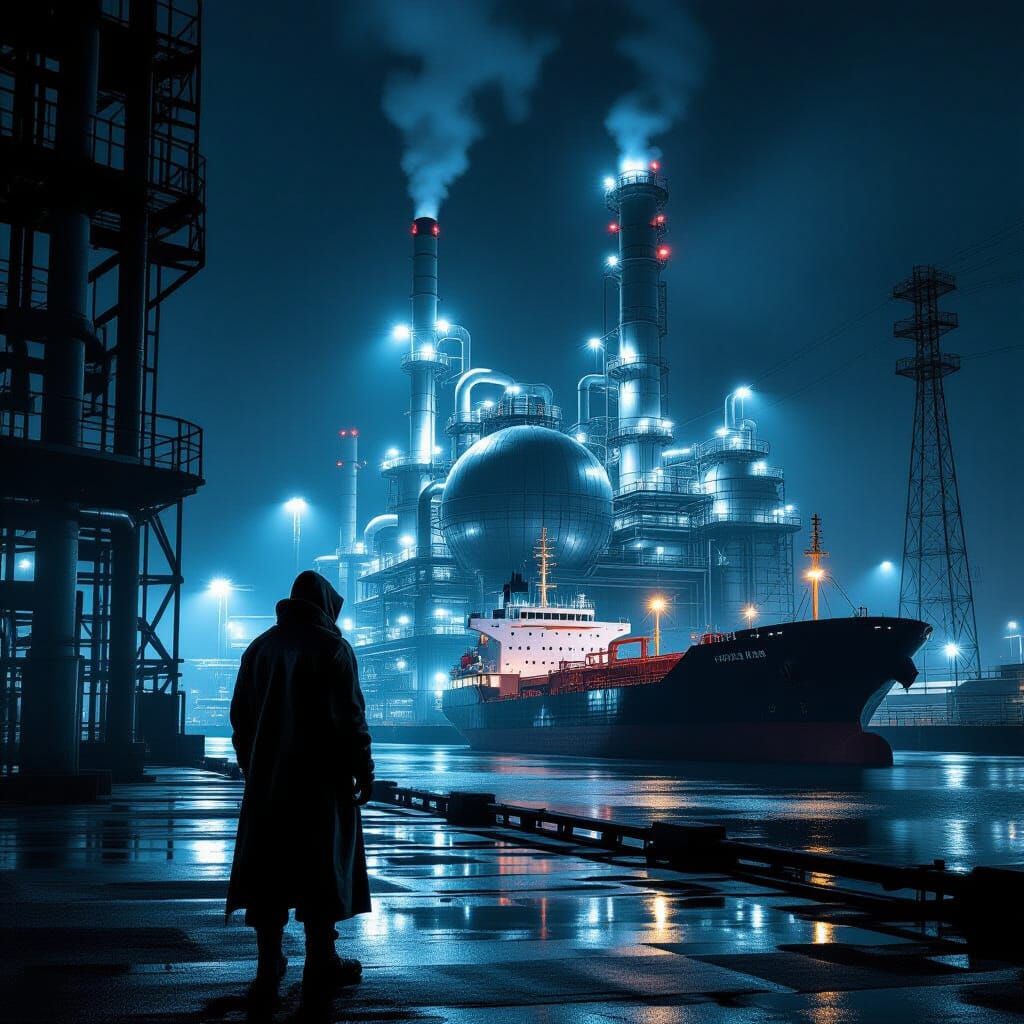 Industrial Silhouette: Water Plant at Night in Brutalist Sty...