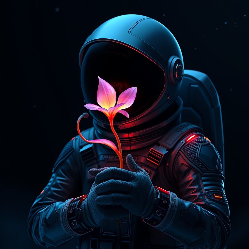 Sleek Astronaut Holds Iridescent Flower in Cosmic Black