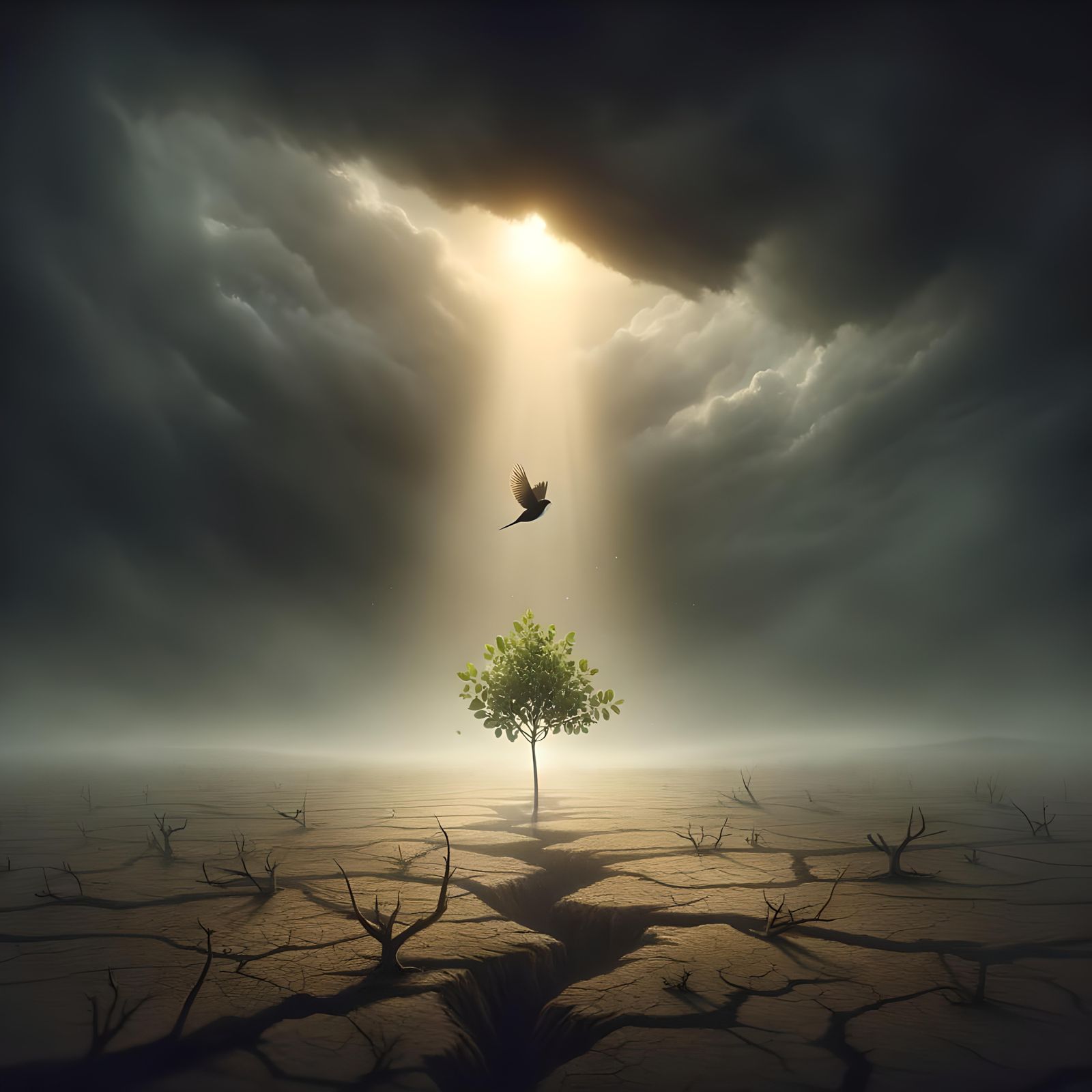 Emerging Hope: Lone Tree in Barren Landscape