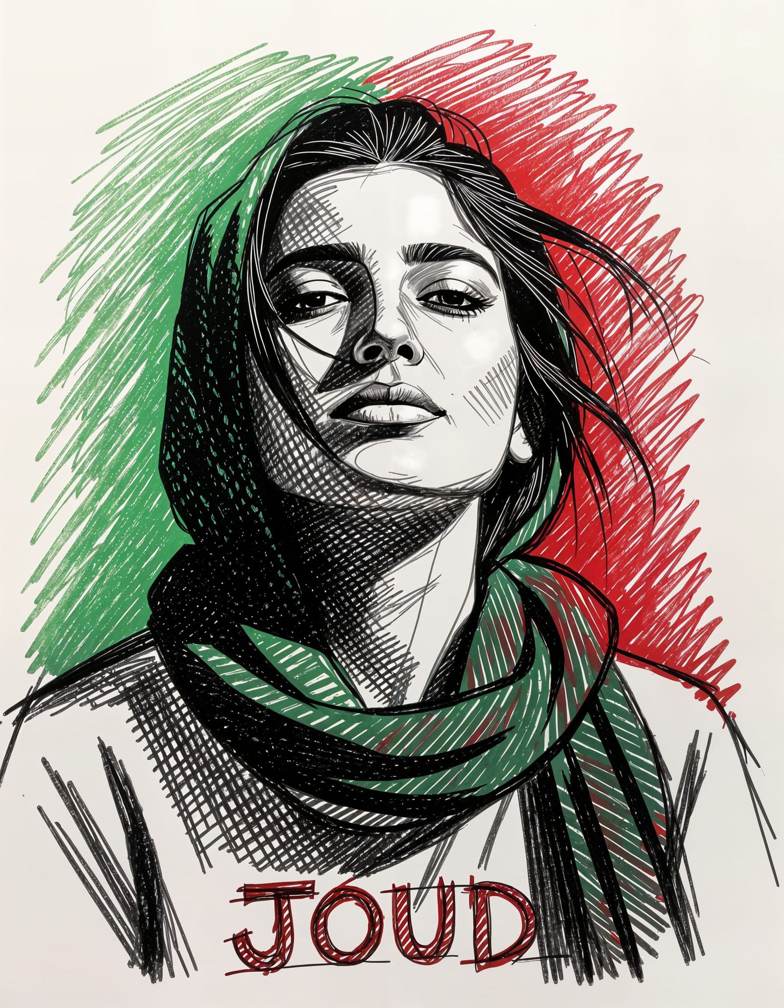 Joud: Palestinian Woman Portrait in Cross-Hatching Style