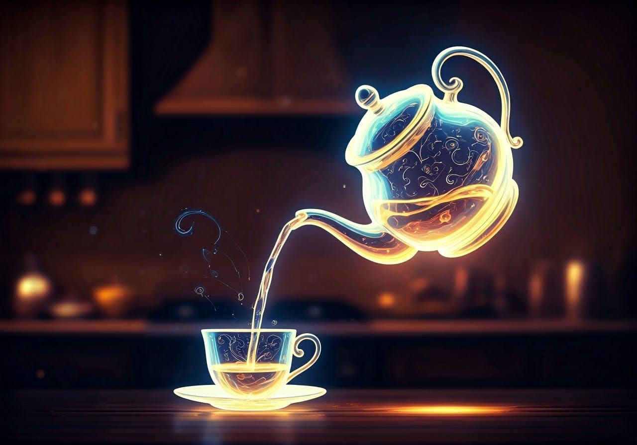 Luminous Teapot Pouring Light Tea: Cosmic Art