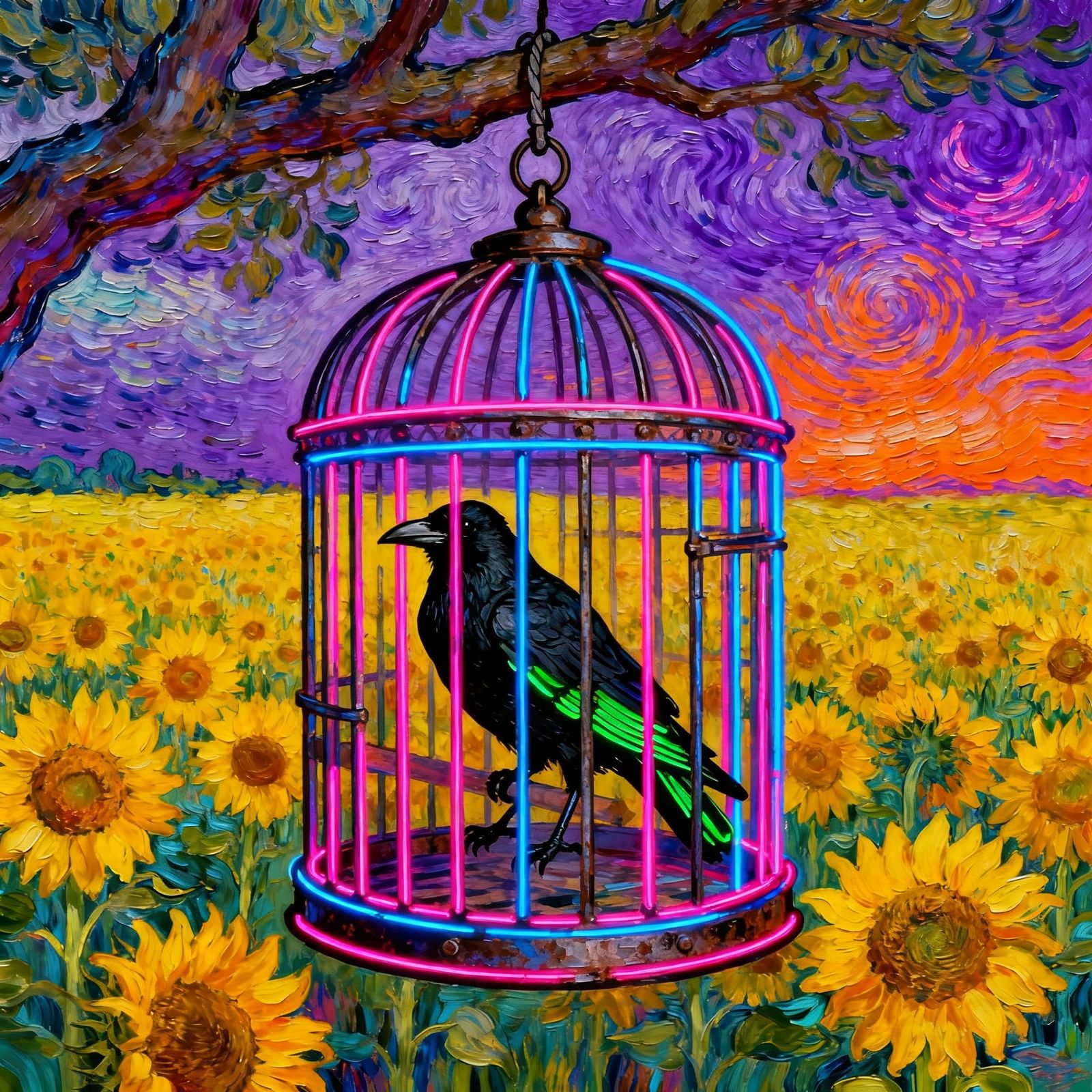 Crow in Iron Cage Amid Sunflowers, Van Gogh Neon Pop Art
