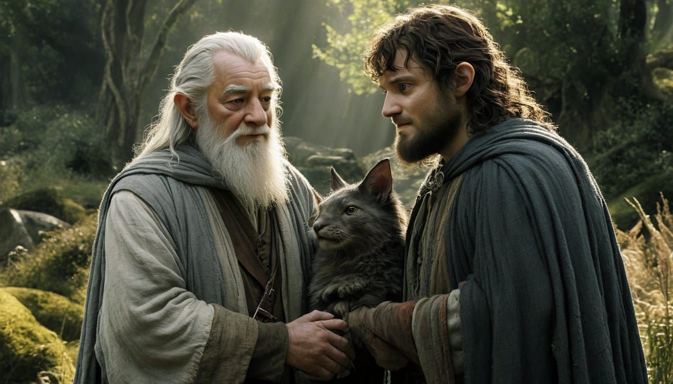 Gandalf and Frodo's Improbable Friendship in Sunlit Clearing