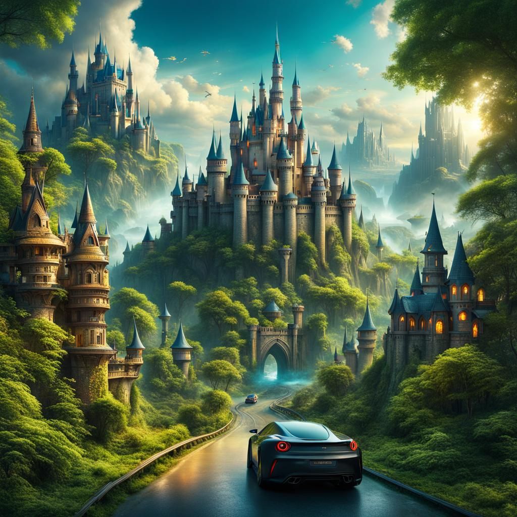 Fairytale Castle in Fantasy City with Flying Cars