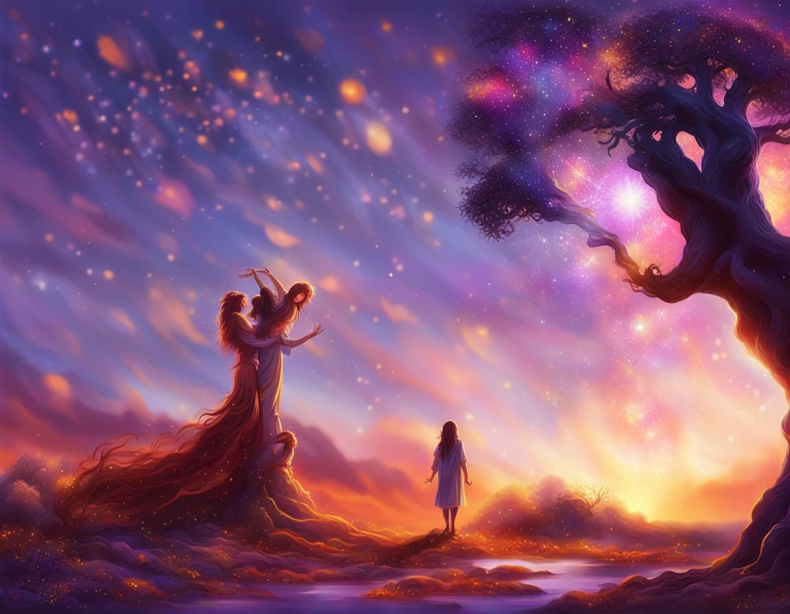 Souls Combining in Dreamy Oil Painting with Sparkles