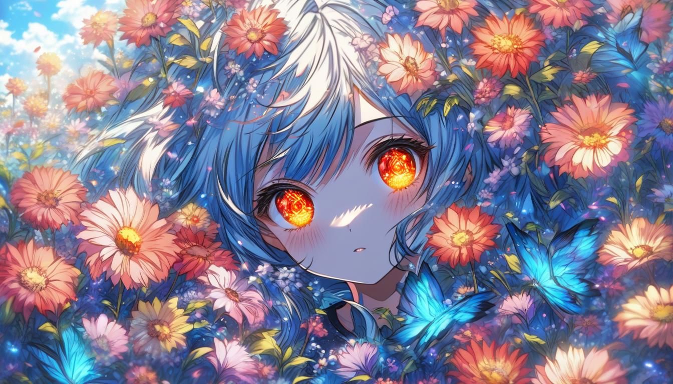 Anime Girl's Sparkling Eyes Surrounded by Flowers