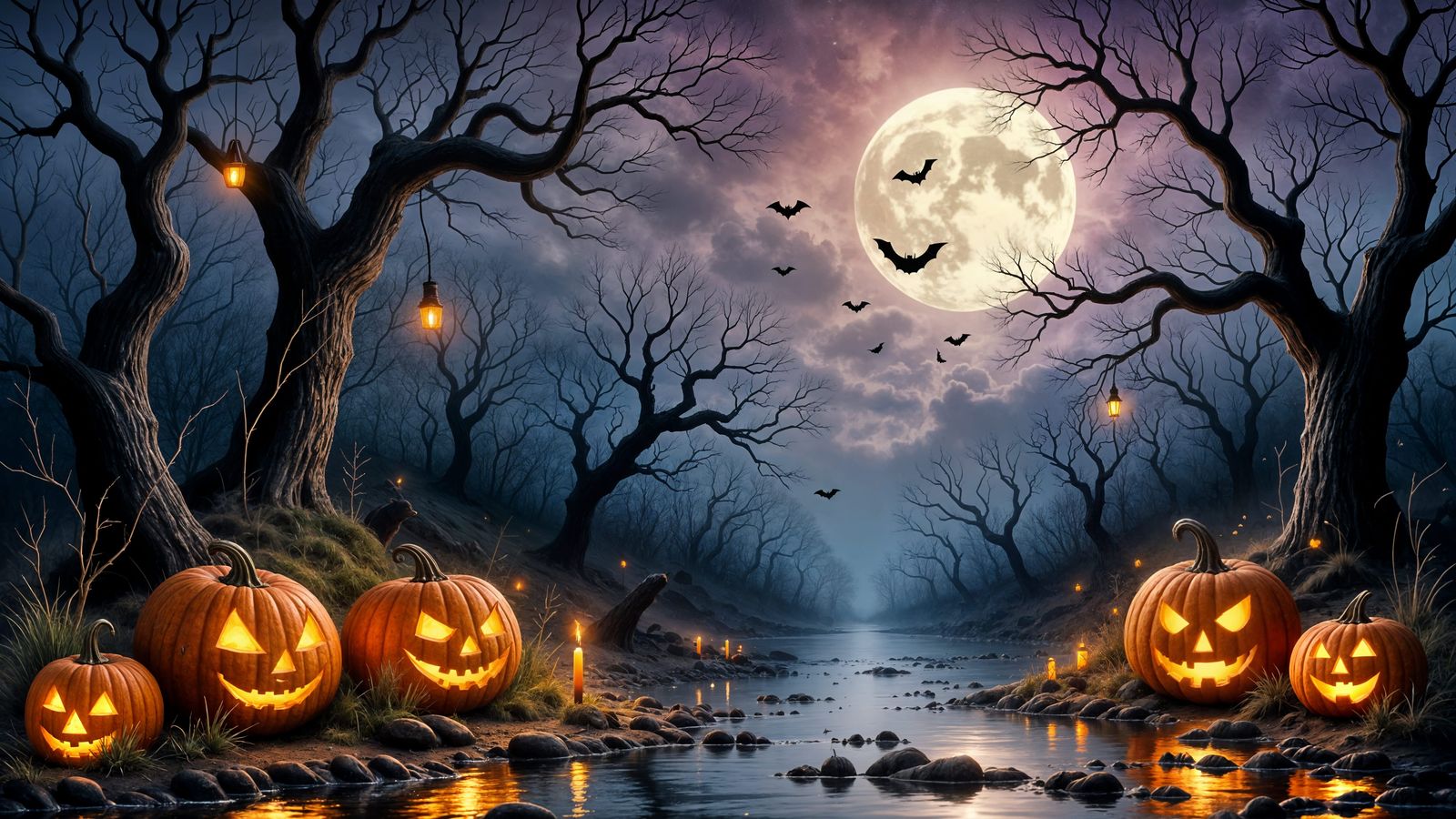 Spooky Halloween Landscape with Ghosts and Bats