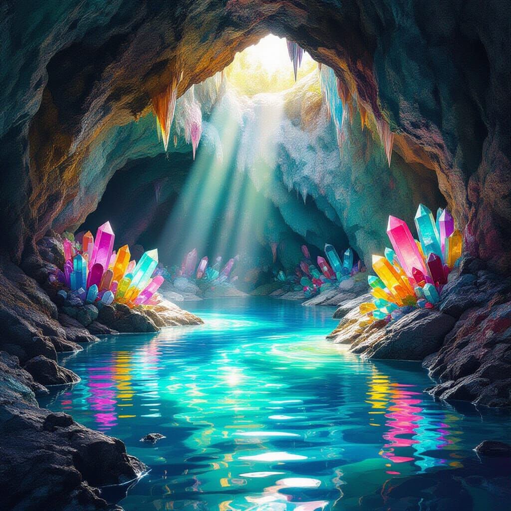 Vibrant Crystal Cave with Sunlit Water Pool