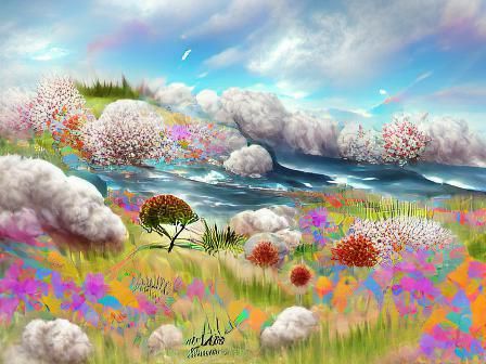Flowery Meadow with Ocean: Digital Illustration