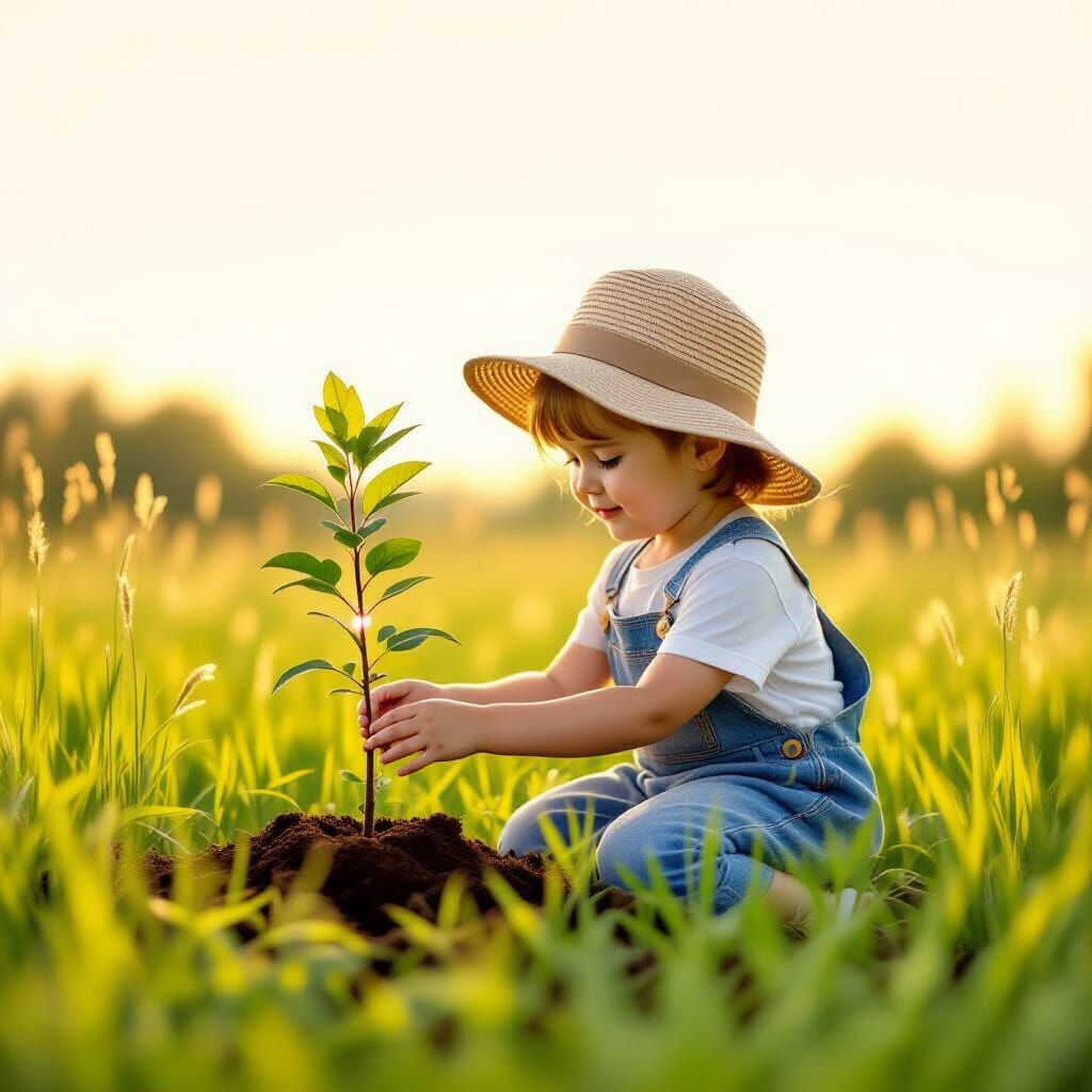 Child Planting Tree in Impressionistic Style