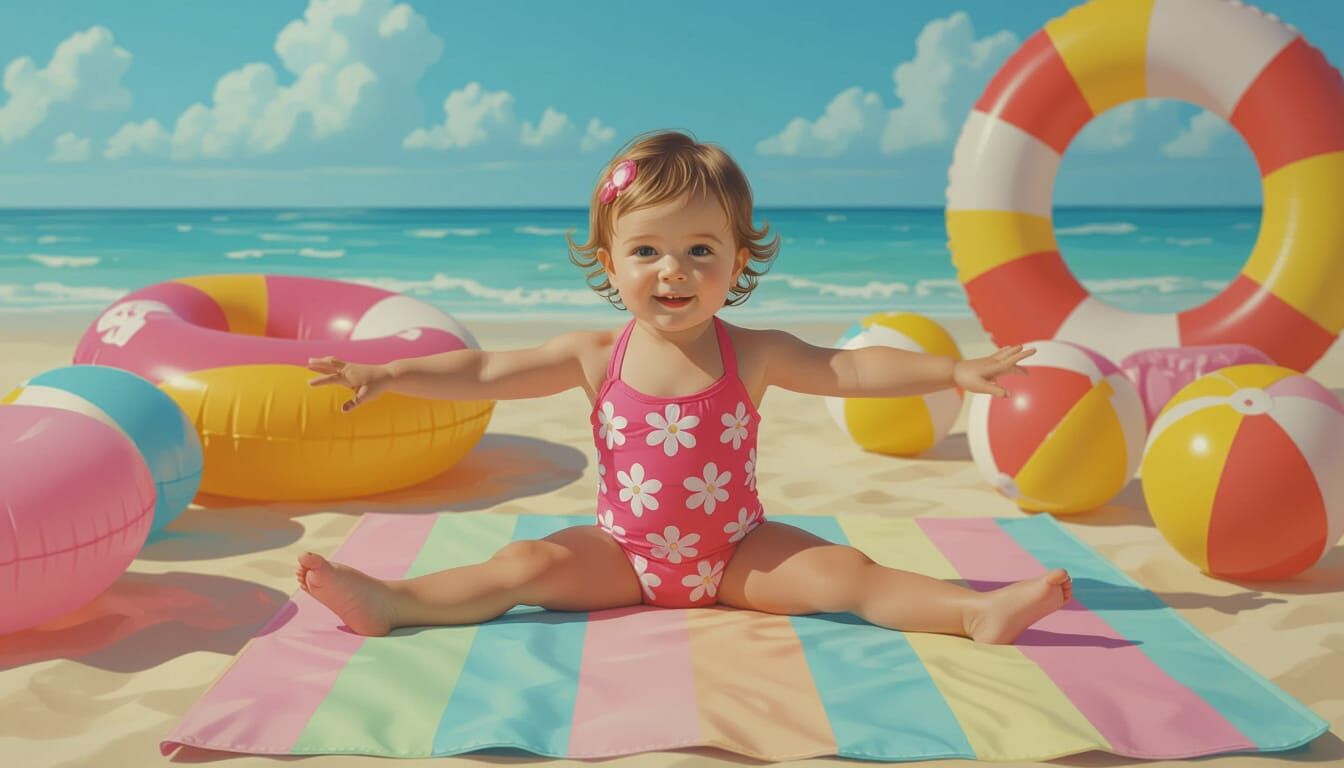 Toddler in Pink Swimsuit Doing Splits on Beach Mat